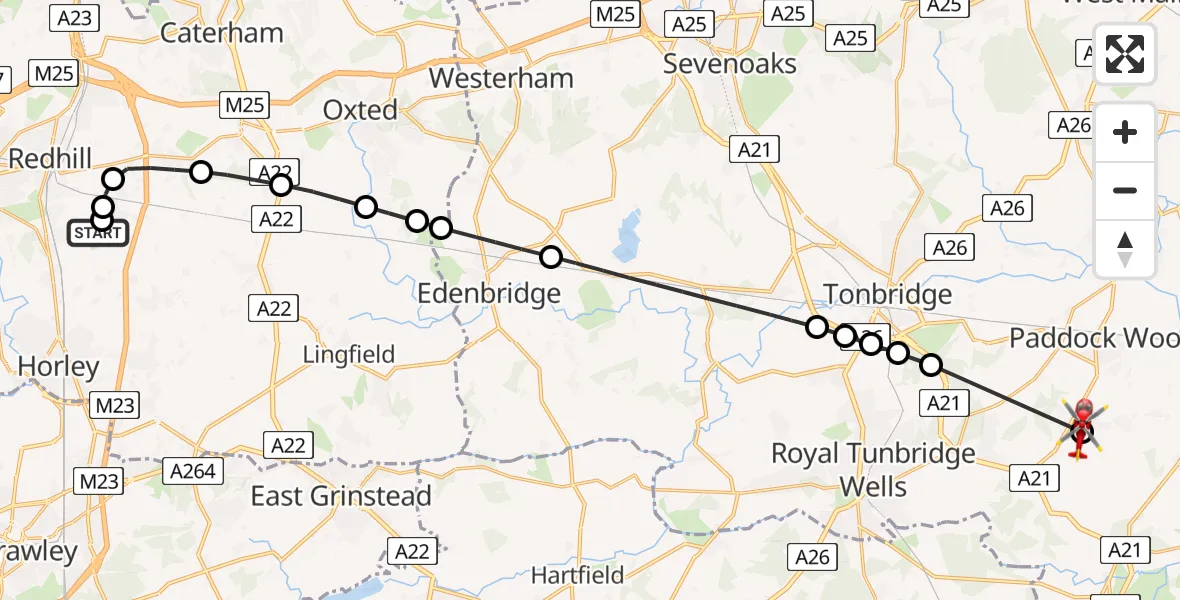 Flight route Air Ambulance Helicopter Redhill Aerodrome - Matfield, 20 July 2026, 08:51