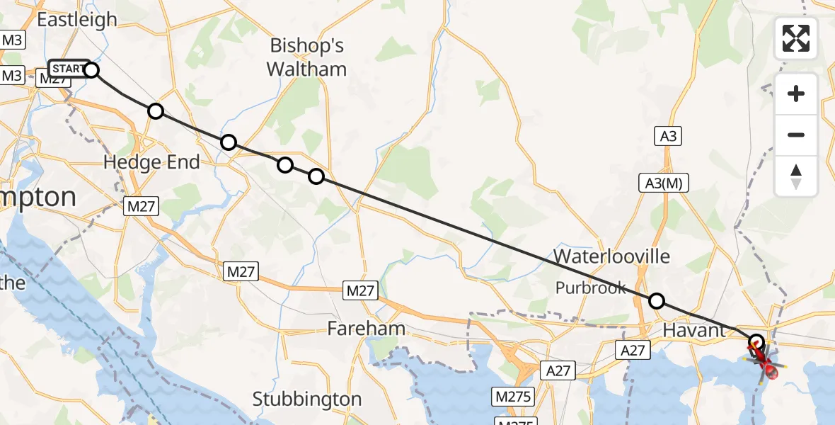Flight route Air Ambulance Helicopter Southampton Airport - Emsworth, 20 July 2026, 08:56