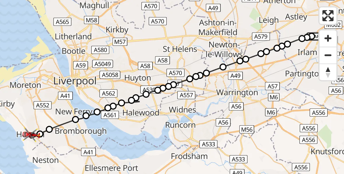 Flight route Air Ambulance Helicopter Manchester Barton Aerodrome - Heswall, 20 July 2026, 09:05