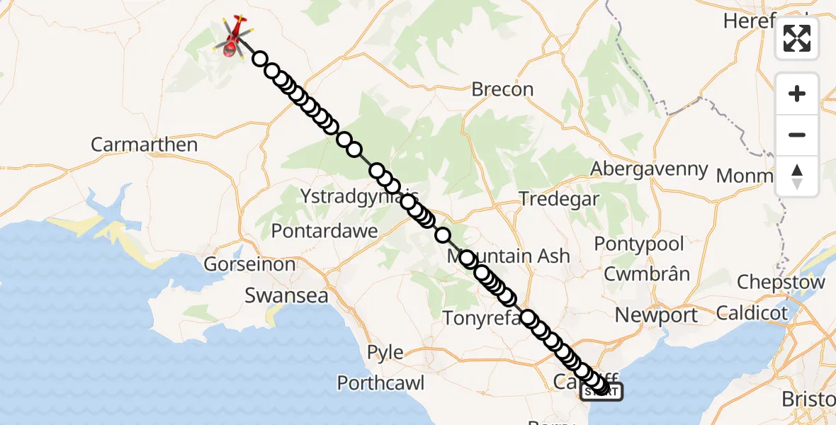 Flight route Air Ambulance Helicopter Cardiff Heliport - Llanybydder, 20 July 2026, 09:05