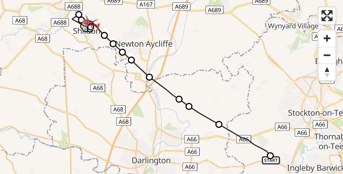 Flight route Air Ambulance Helicopter Egglescliffe - Eldon, 20 July 2026, 09:08
