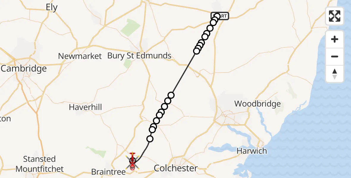 Flight route Air Ambulance Helicopter Diss - Earls Colne Airfield, 20 July 2026, 09:28