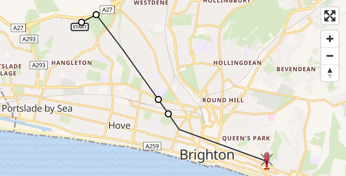 Flight route Air Ambulance Helicopter Portslade by Sea - Brighton, 20 July 2026, 09:31