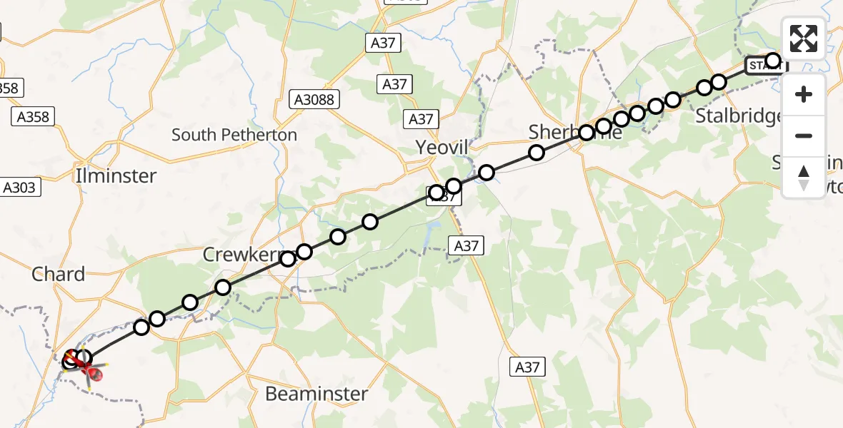 Flight route Air Ambulance Helicopter Henstridge Airfield - Thorncombe, 20 July 2026, 09:39