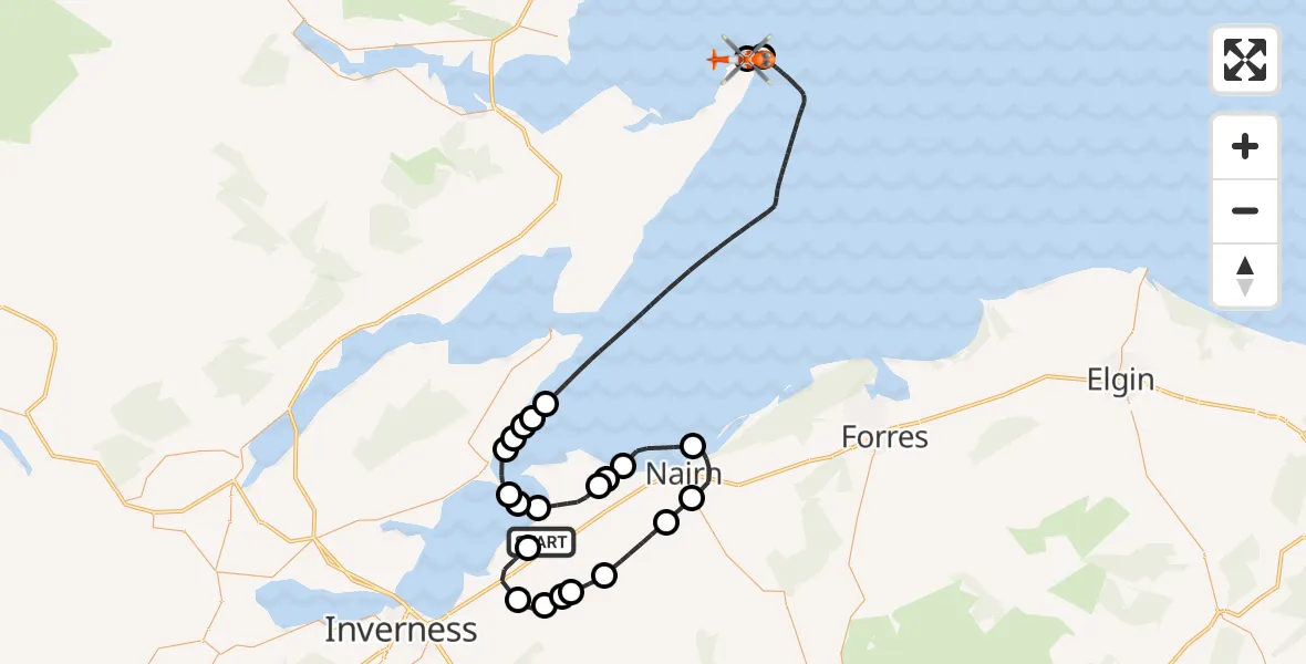 Flight route Coastguard Helicopter Inverness Airport - Portmahomack, 20 July 2026, 09:43