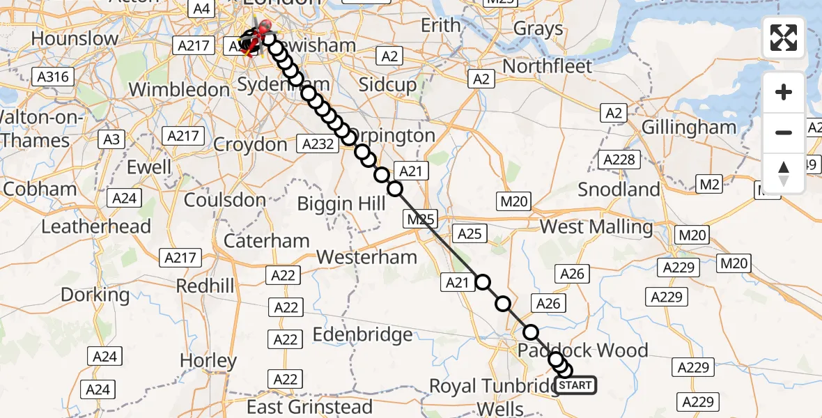 Flight route Air Ambulance Helicopter Matfield - Kings College London Hospital, 20 July 2026, 09:51