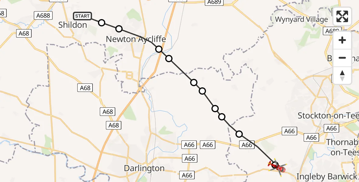 Flight route Air Ambulance Helicopter Eldon - Egglescliffe, 20 July 2026, 09:52