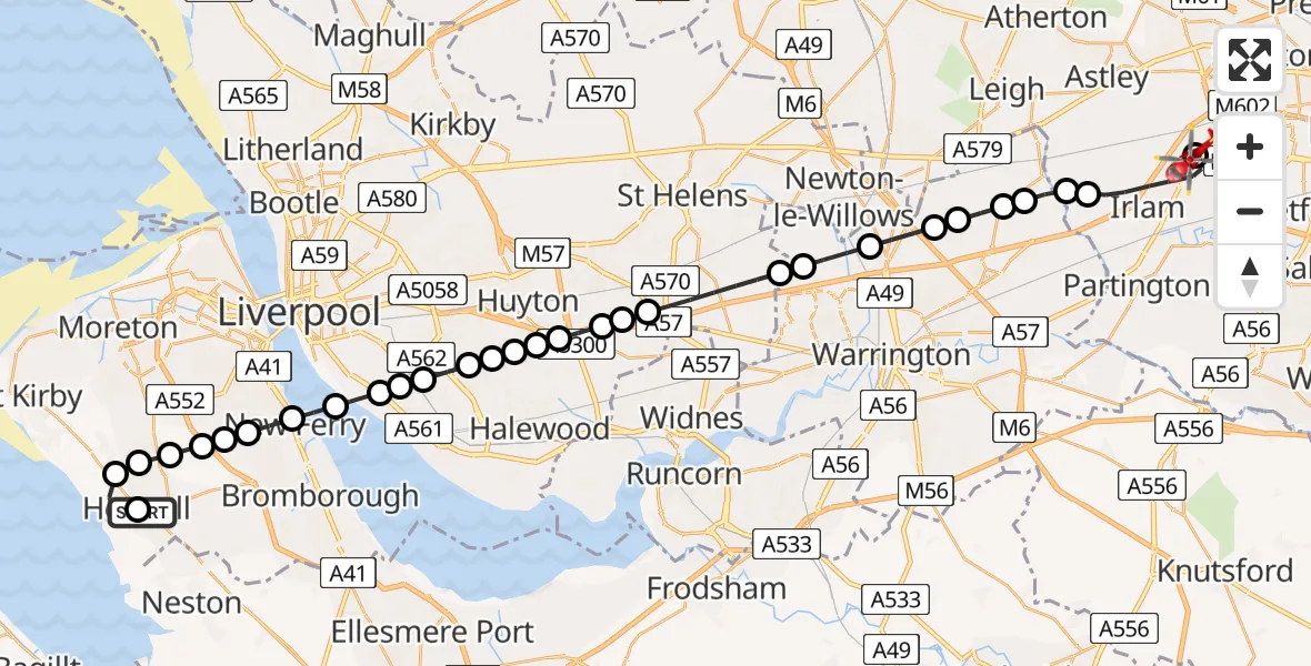 Flight route Air Ambulance Helicopter Heswall - Manchester Barton Aerodrome, 20 July 2026, 09:56