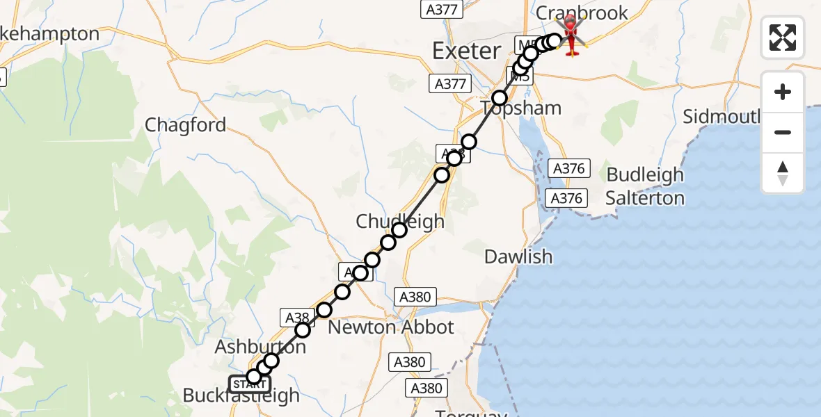 Flight route Air Ambulance Helicopter Ashburton - Exeter International Airport, 20 July 2026, 09:57