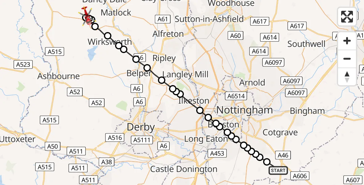 Flight route Air Ambulance Helicopter Widmerpool - Winster CP, 20 July 2026, 10:03
