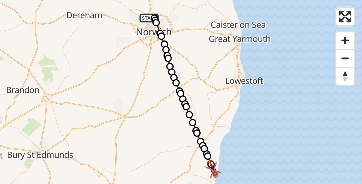 Flight route Air Ambulance Helicopter Norwich Airport - Leiston, 20 July 2026, 10:03