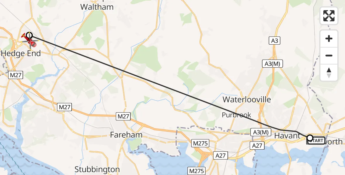 Flight route Air Ambulance Helicopter Emsworth - Hedge End, 20 July 2026, 10:18