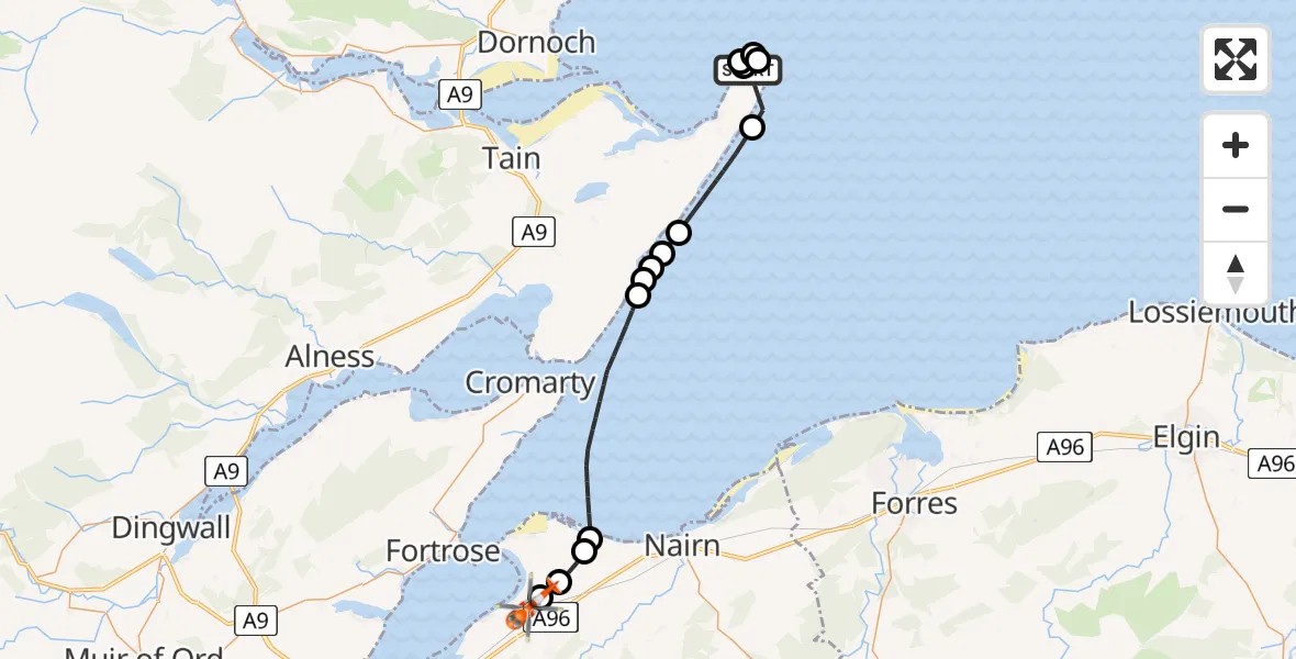 Flight route Coastguard Helicopter Portmahomack - Inverness Airport, 20 July 2026, 10:18