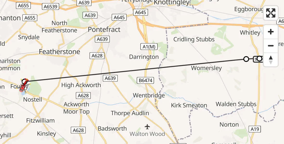 Flight route Air Ambulance Helicopter Whitley - YAA Nostell Helicopter Port, 20 July 2026, 10:19