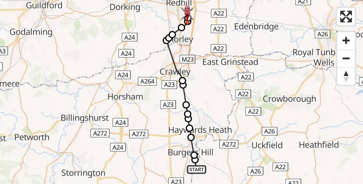 Flight route Air Ambulance Helicopter Lewes - Redhill Aerodrome, 20 July 2026, 10:27