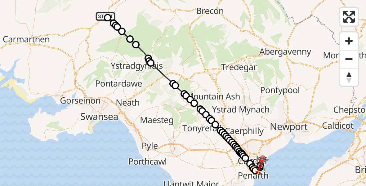 Flight route Air Ambulance Helicopter Manordeilo - Cardiff Heliport, 20 July 2026, 10:27
