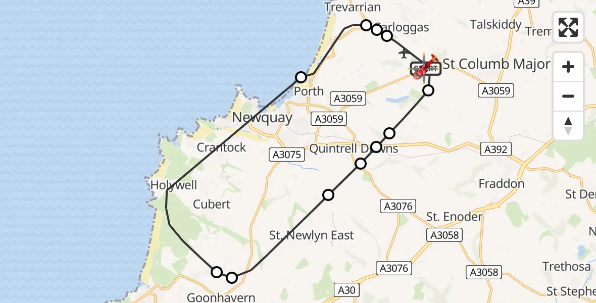 Flight route Air Ambulance Helicopter Cornwall Airport Newquay - Cornwall Airport Newquay, 20 July 2026, 10:27