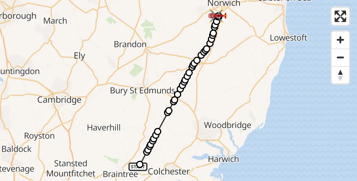Flight route Air Ambulance Helicopter Earls Colne Airfield - Swardeston, 20 July 2026, 10:28