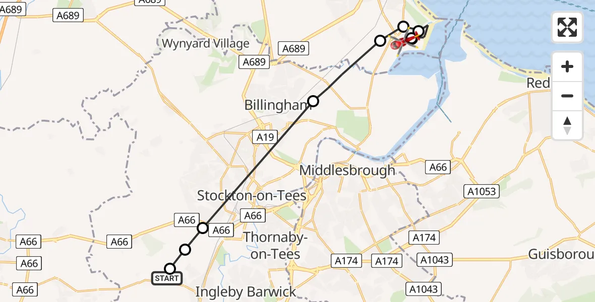 Flight route Air Ambulance Helicopter Egglescliffe - Hartlepool, 20 July 2026, 10:31