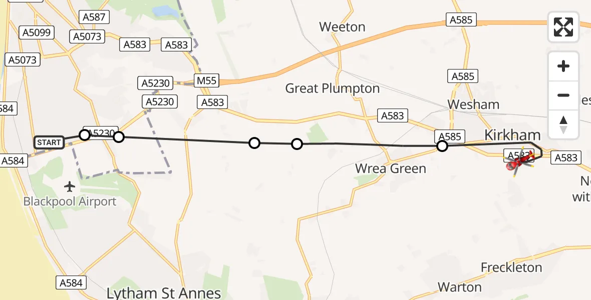 Flight route Air Ambulance Helicopter Blackpool Airport - Kirkham, 20 July 2026, 10:35