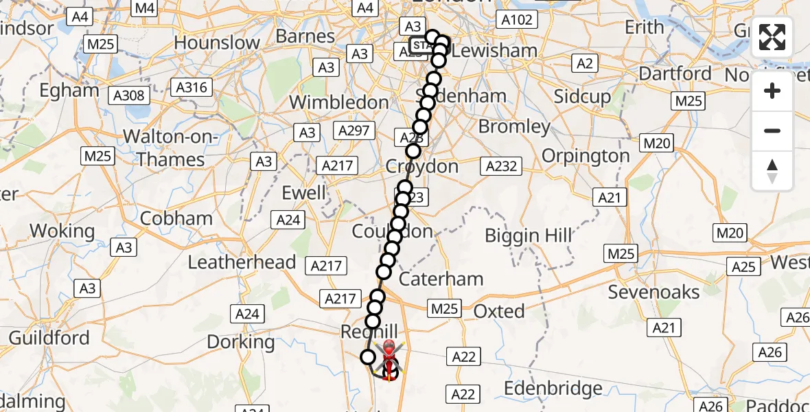 Flight route Air Ambulance Helicopter Kings College London Hospital - Redhill Aerodrome, 20 July 2026, 10:41