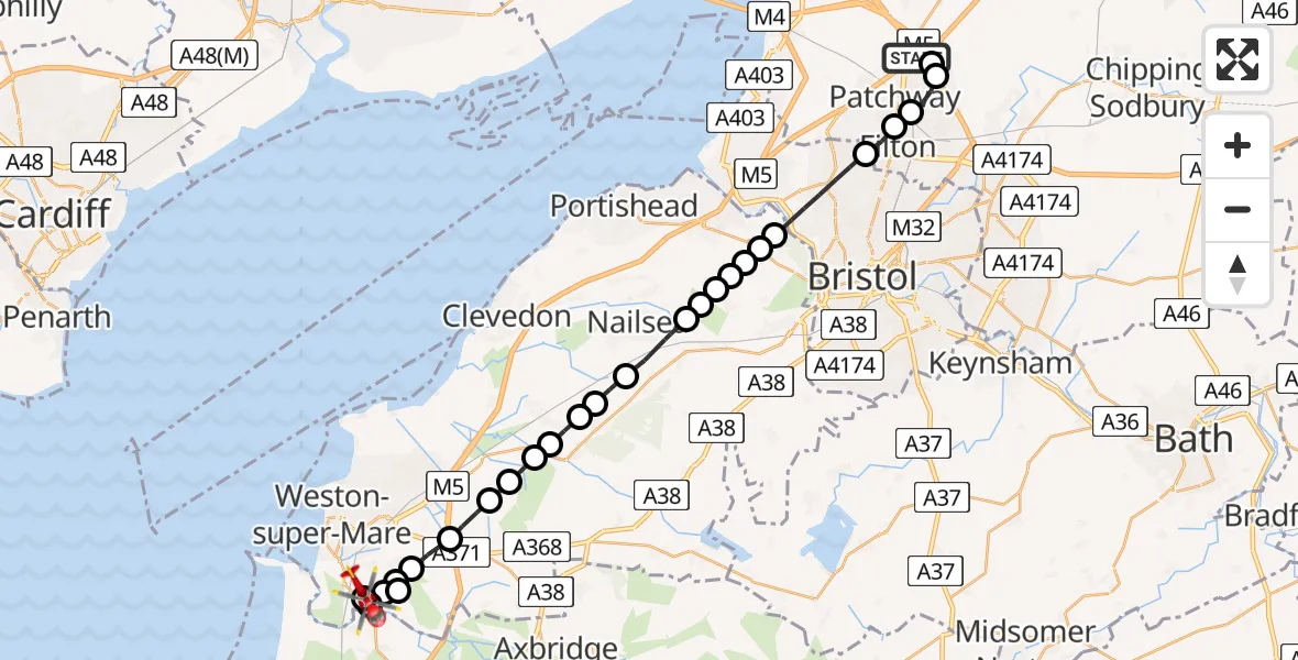 Flight route Air Ambulance Helicopter Almondsbury Helicopter Base - Weston-super-Mare, 20 July 2026, 10:45