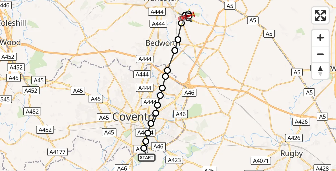 Flight route Air Ambulance Helicopter Coventry Airport - Nuneaton, 20 July 2026, 10:45