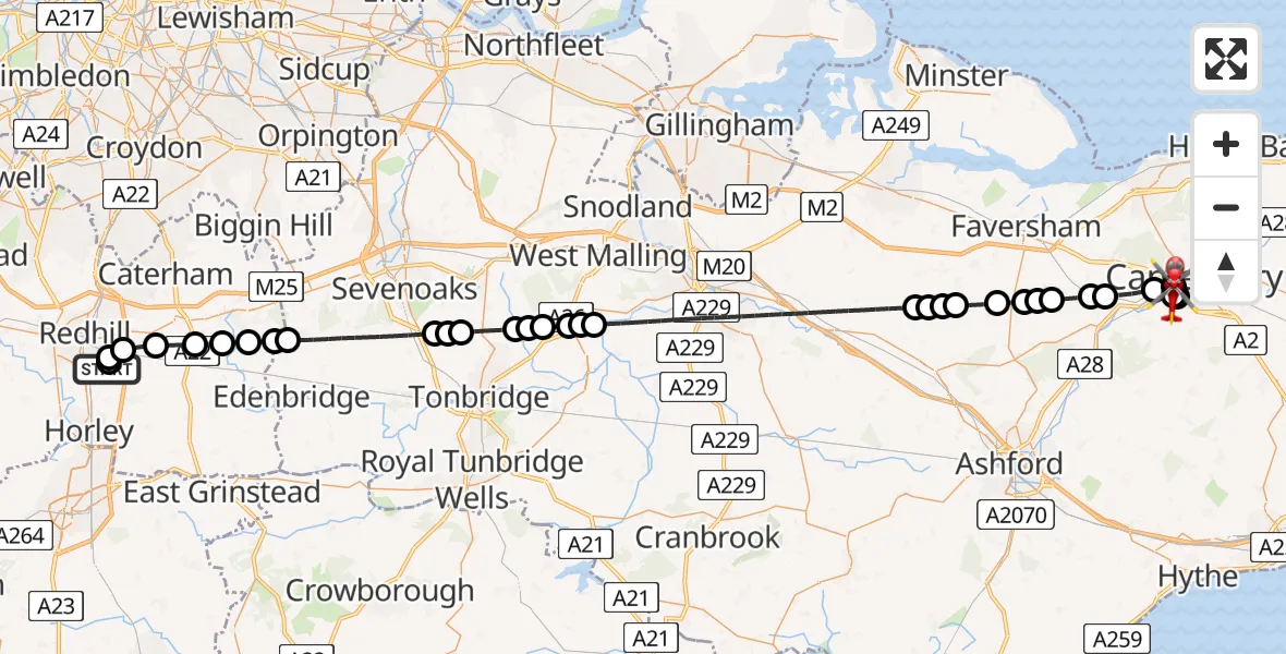 Flight route Air Ambulance Helicopter Redhill Aerodrome - Harbledown, 20 July 2026, 10:52