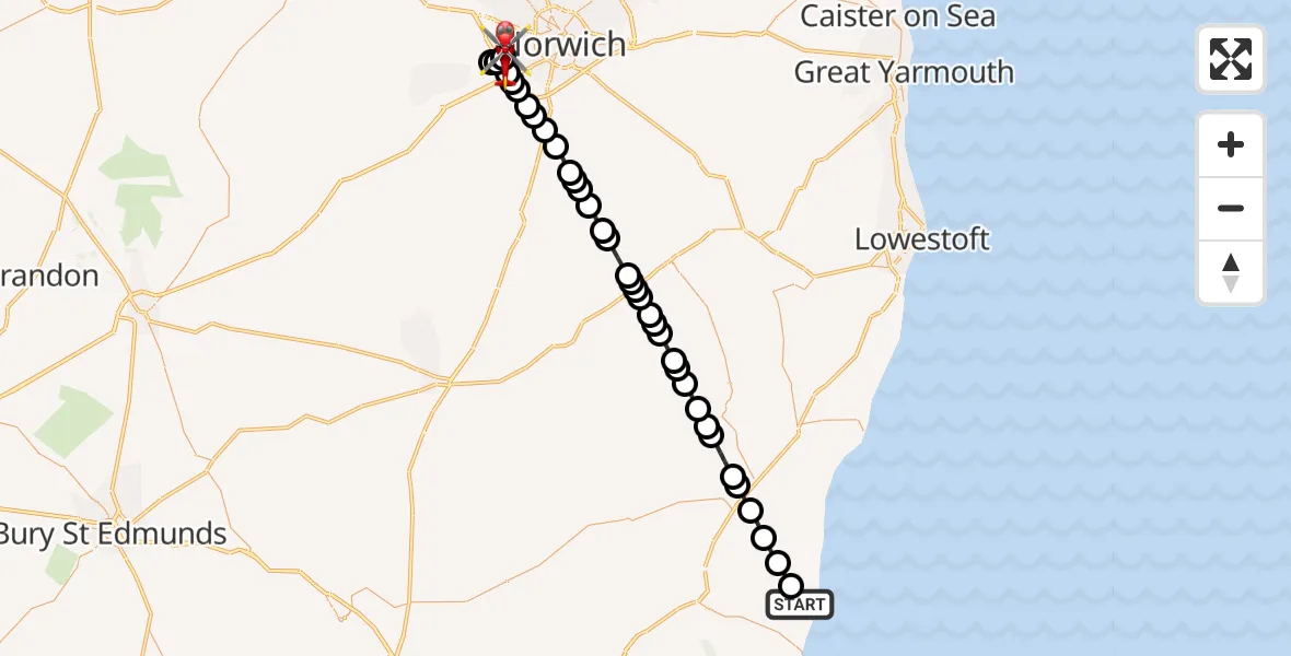 Flight route Air Ambulance Helicopter Aldringham - Norfolk & Norwich Hospital, 20 July 2026, 10:53