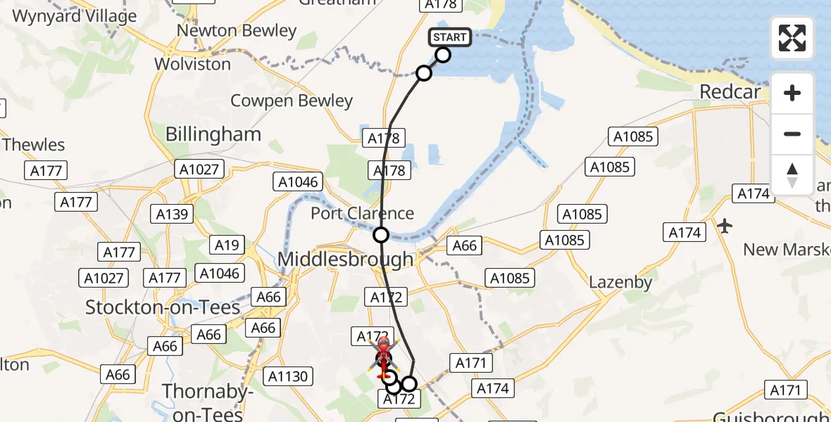 Flight route Air Ambulance Helicopter Able UK - James Cook University Hospital, 20 July 2026, 11:04