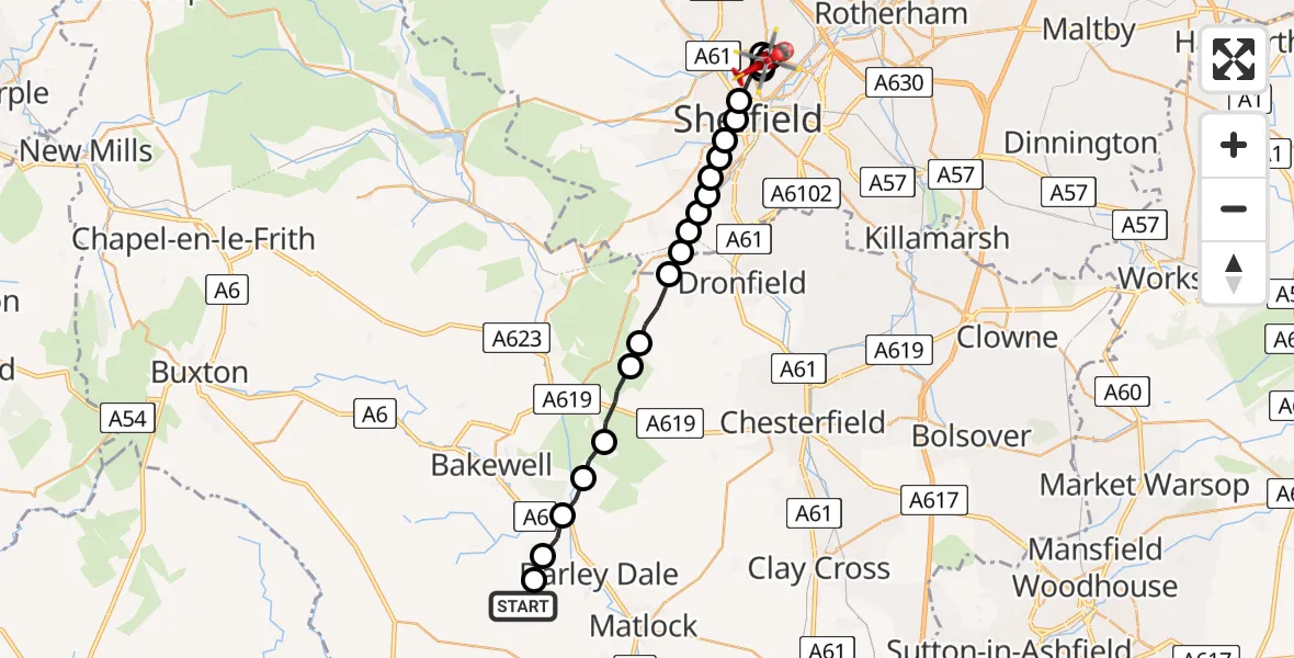 Flight route Air Ambulance Helicopter Winster CP - Page Hall, 20 July 2026, 11:12