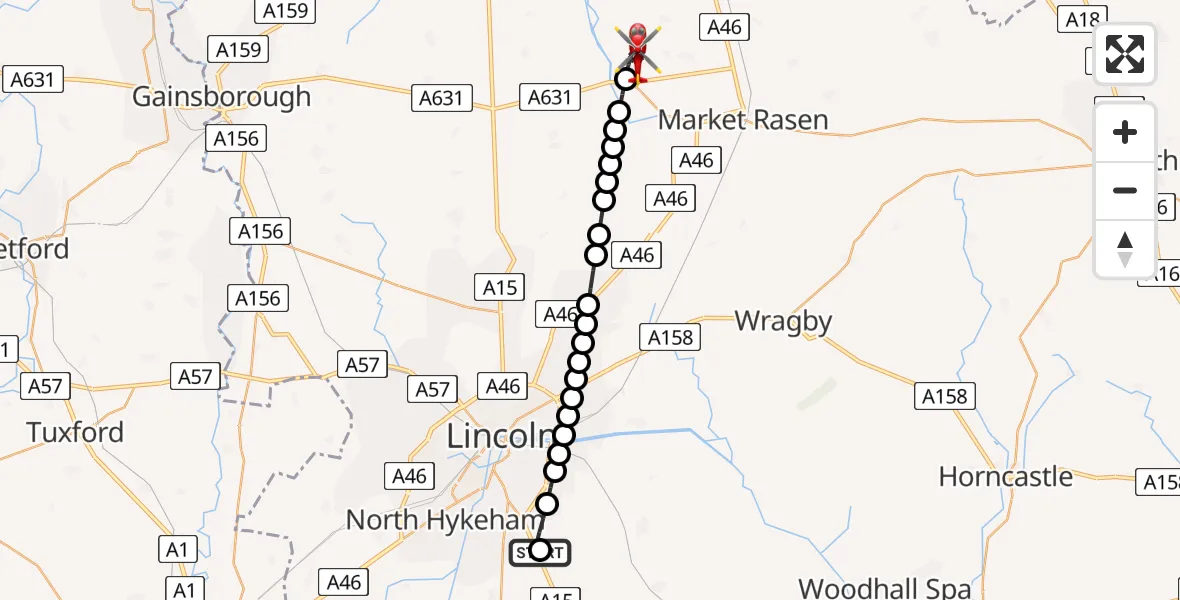 Flight route Air Ambulance Helicopter RAF Waddington - Osgodby CP, 20 July 2026, 11:23