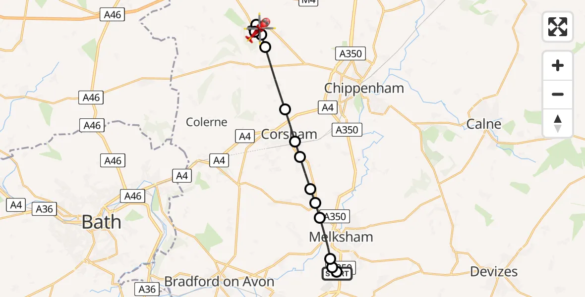 Flight route Air Ambulance Helicopter Wiltshire Air Ambulance - RAF Castle Combe, 20 July 2026, 11:23