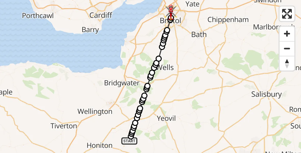 Flight route Air Ambulance Helicopter Thorncombe - Bristol, 20 July 2026, 11:28