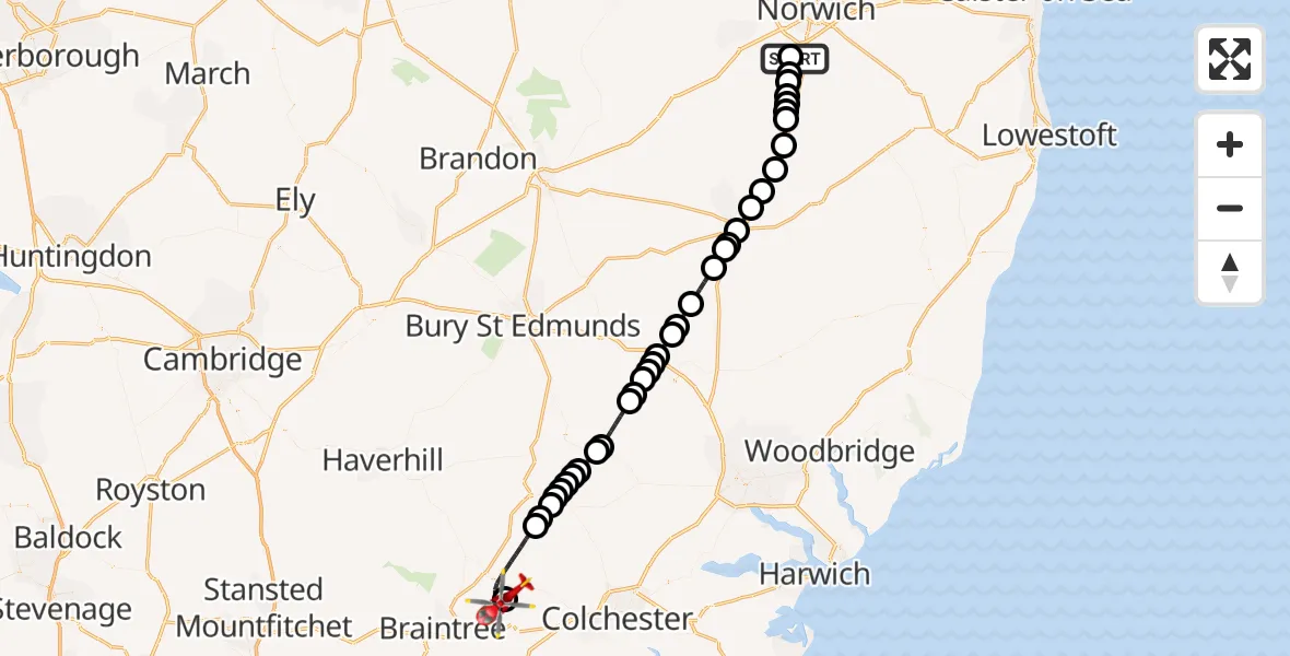 Flight route Air Ambulance Helicopter Swardeston - Earls Colne Airfield, 20 July 2026, 11:31