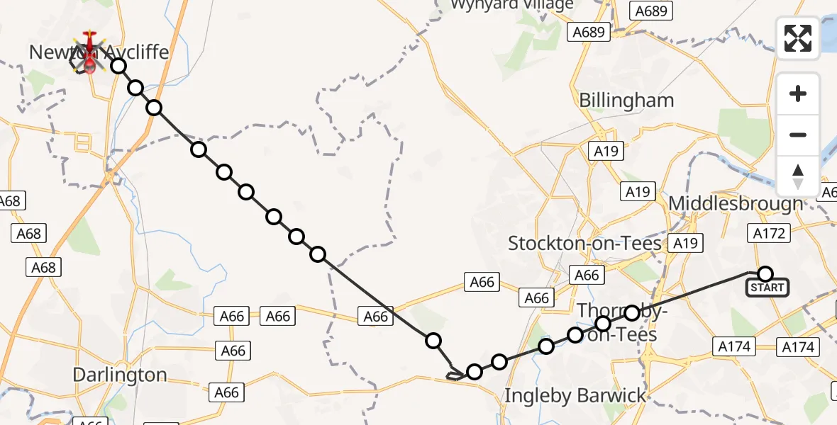 Flight route Air Ambulance Helicopter James Cook University Hospital - Newton Aycliffe, 20 July 2026, 11:32