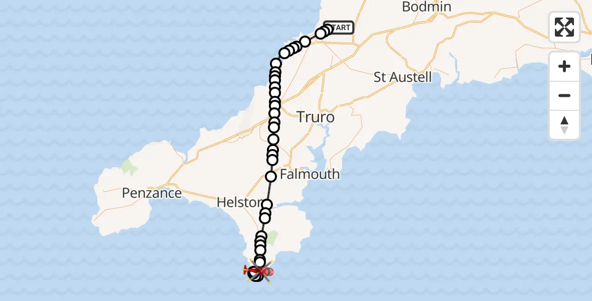 Flight route Air Ambulance Helicopter Cornwall Airport Newquay - Lizard, 20 July 2026, 11:34