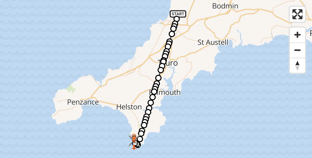 Flight route Coastguard Helicopter Cornwall Airport Newquay - English Channel, 20 July 2026, 11:37