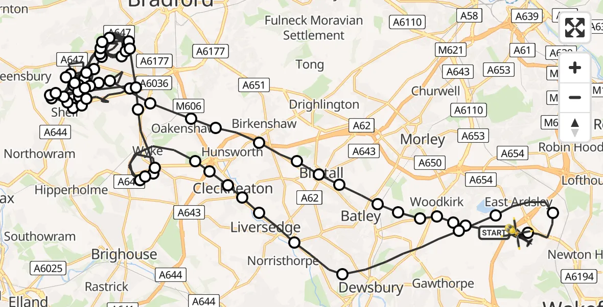Flight route Police Helicopter East Ardsley - East Ardsley, 20 July 2026, 11:39