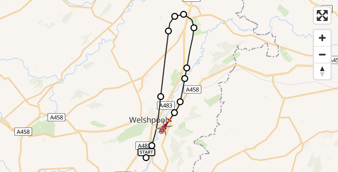 Flight route Air Ambulance Helicopter Welshpool Airport - Welshpool, 20 July 2026, 11:49