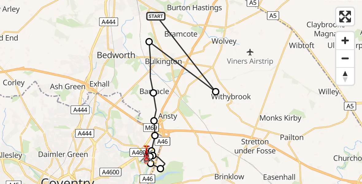 Flight route Air Ambulance Helicopter Bedworth - Walsgrave, 20 July 2026, 11:51