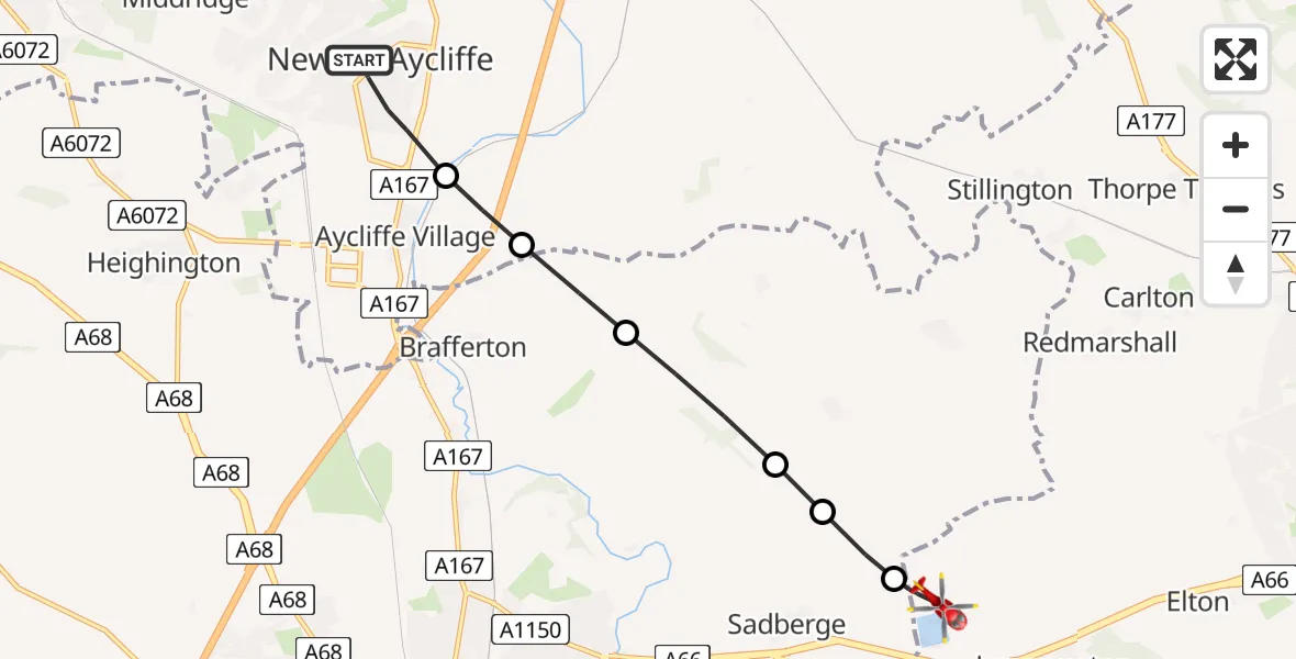 Flight route Air Ambulance Helicopter Newton Aycliffe - Longnewton, 20 July 2026, 11:53