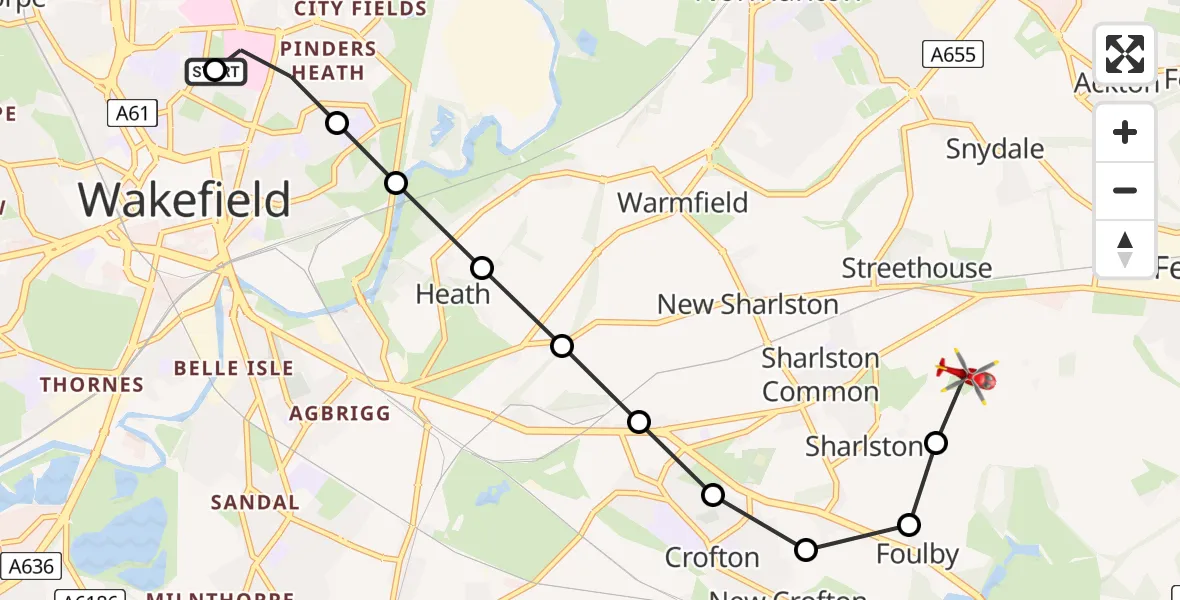 Flight route Air Ambulance Helicopter Newton Hill - Sharlston, 20 July 2026, 11:55
