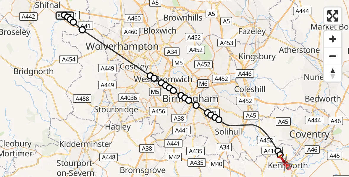Flight route Air Ambulance Helicopter RAF Cosford - Kenilworth, 20 July 2026, 11:56