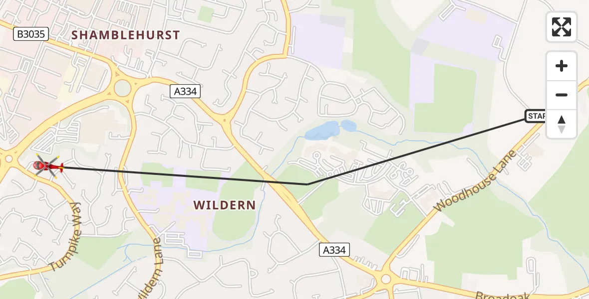 Flight route Air Ambulance Helicopter Eastleigh - Hedge End, 20 July 2026, 11:57