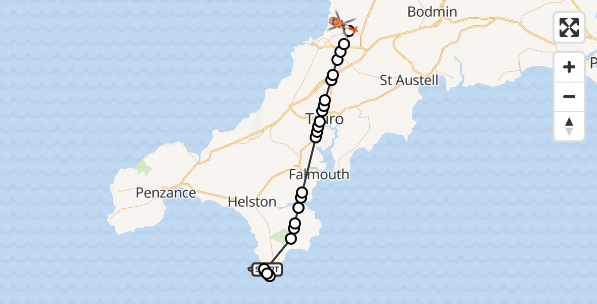 Flight route Coastguard Helicopter Lizard - Cornwall Airport Newquay, 20 July 2026, 11:58