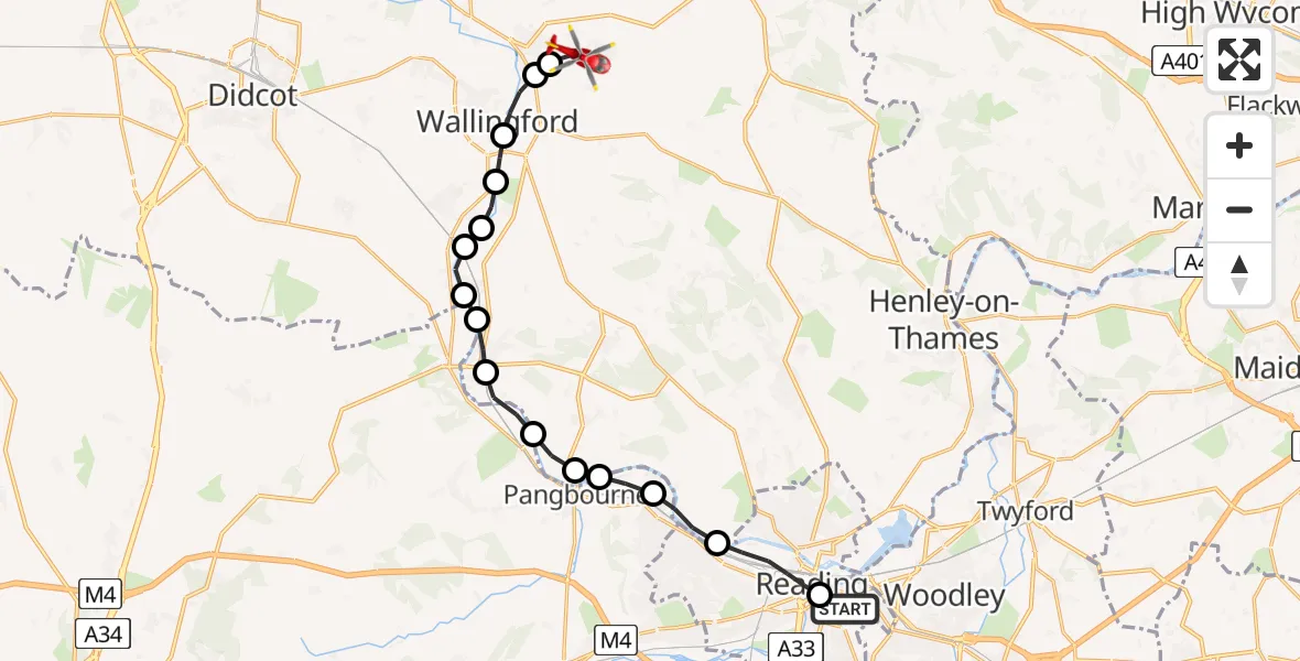 Flight route Air Ambulance Helicopter Royal Berkshire Hospital - RAF Benson, 20 July 2026, 12:03