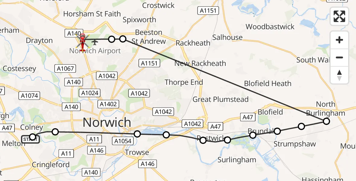 Flight route Air Ambulance Helicopter Norfolk & Norwich Hospital - Norwich Airport, 20 July 2026, 12:04