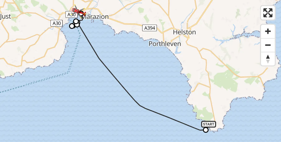 Flight route Air Ambulance Helicopter Lizard - Penzance Heliport, 20 July 2026, 12:06