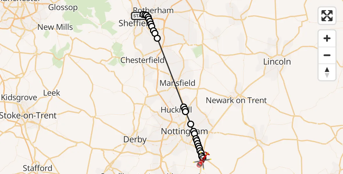 Flight route Air Ambulance Helicopter Page Hall - Nottingham Heliport, 20 July 2026, 12:08